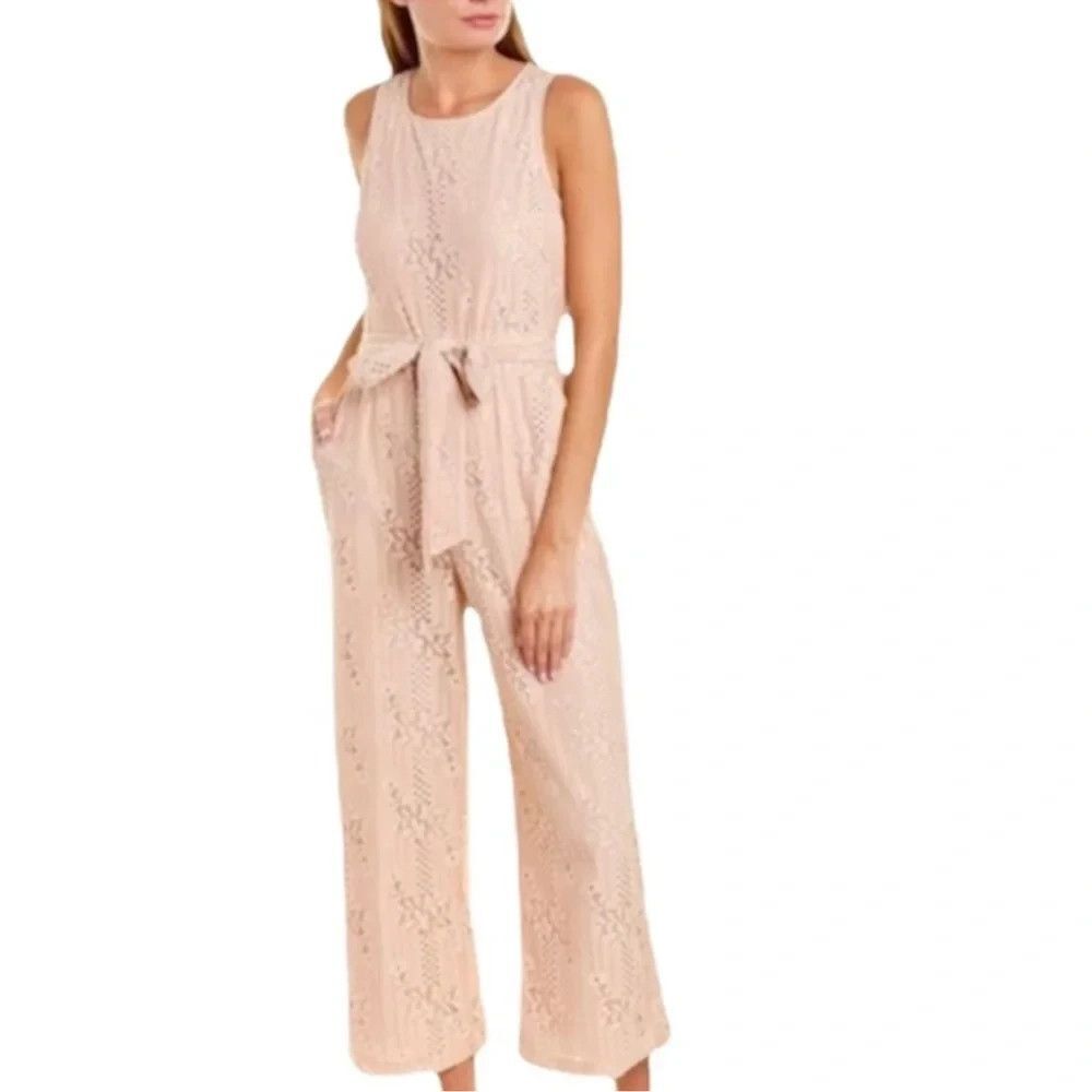 Vince Camuto Womens Floral Lace Jumpsuit Peach Pink Wide Leg size 10